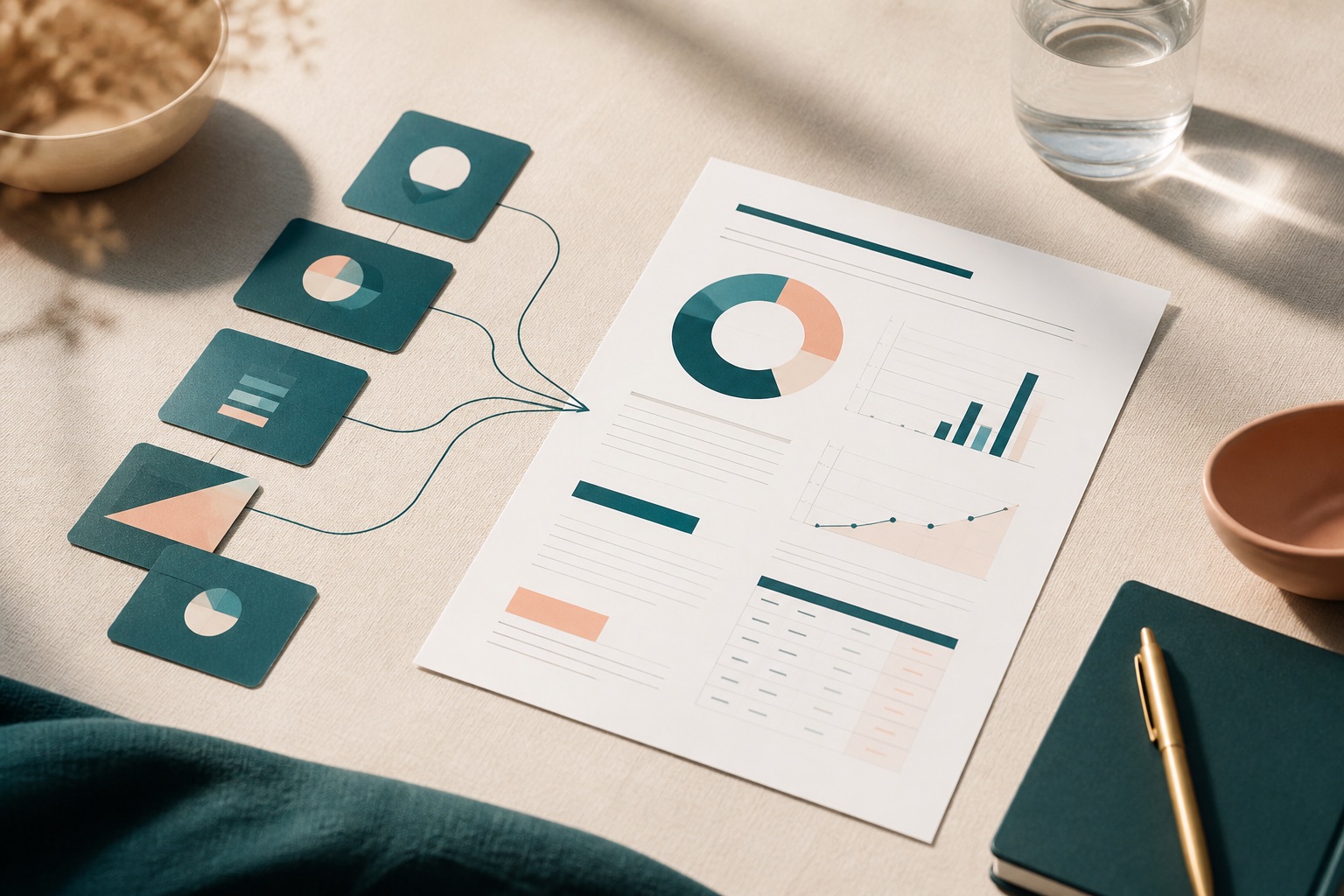 Teal assumption cards flowing into a one-page business brief on linen