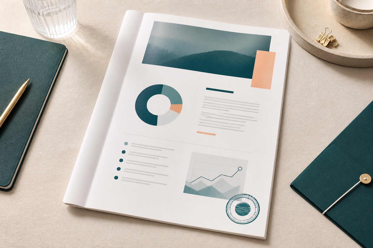 Open one-page brief with teal stamps and peach accent on a desk