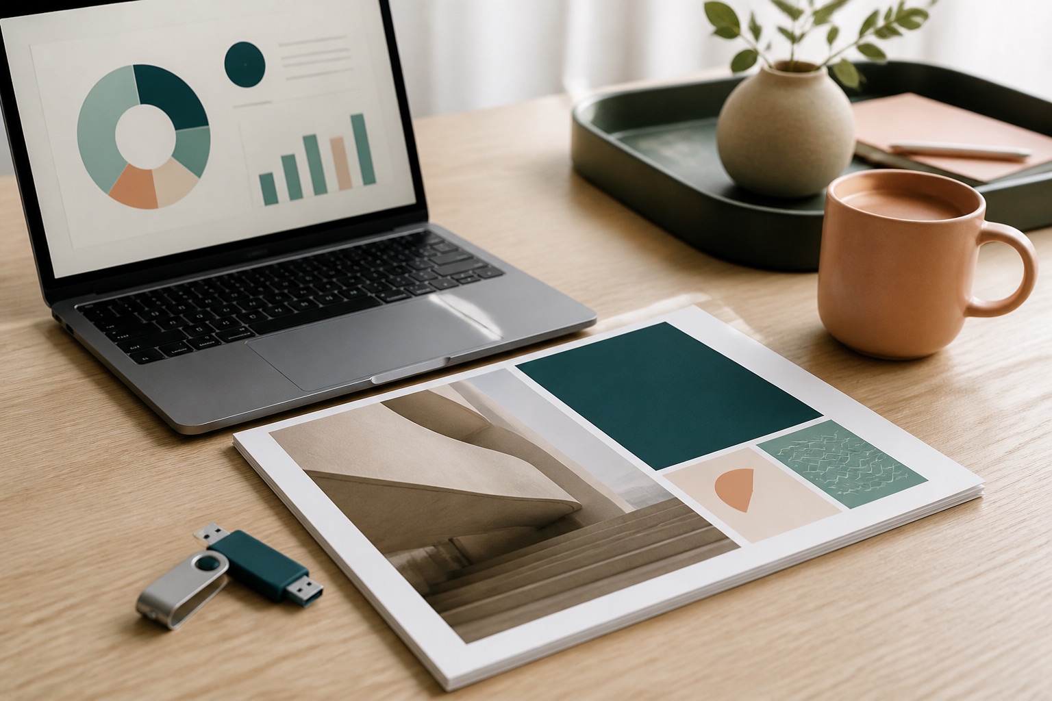 Laptop beside a printed leave-behind pitch deck