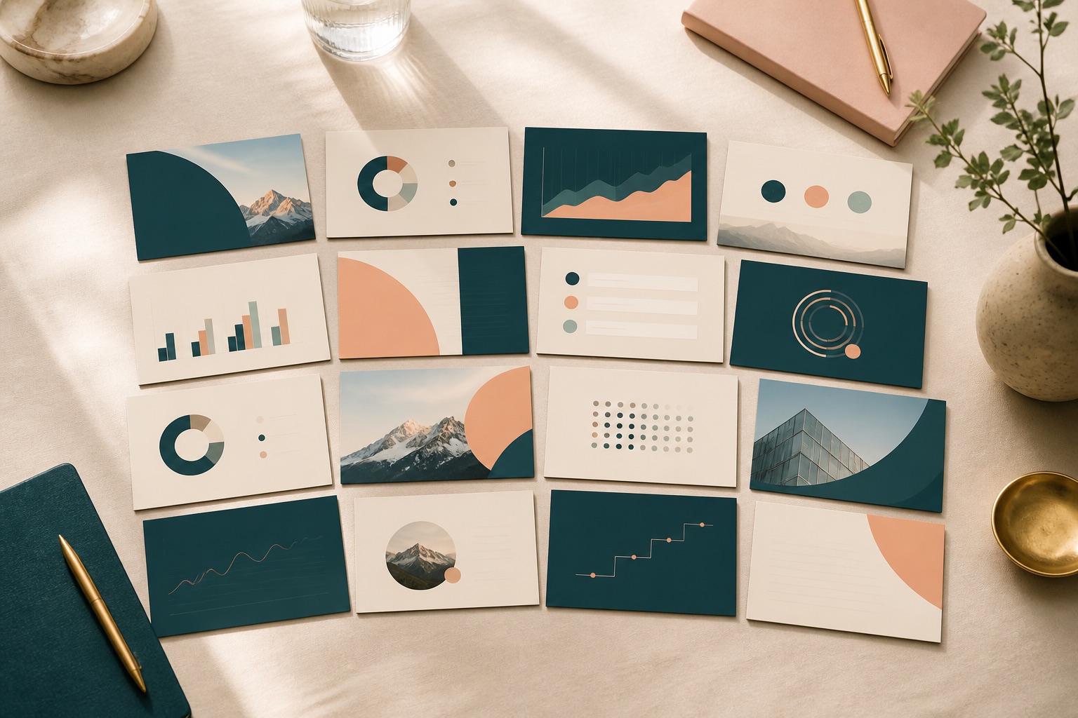 Fourteen pitch-deck slide cards fanned on a desk
