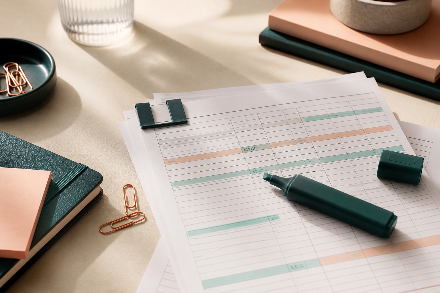 Expense ledger sheets with teal highlighter on a warm desk