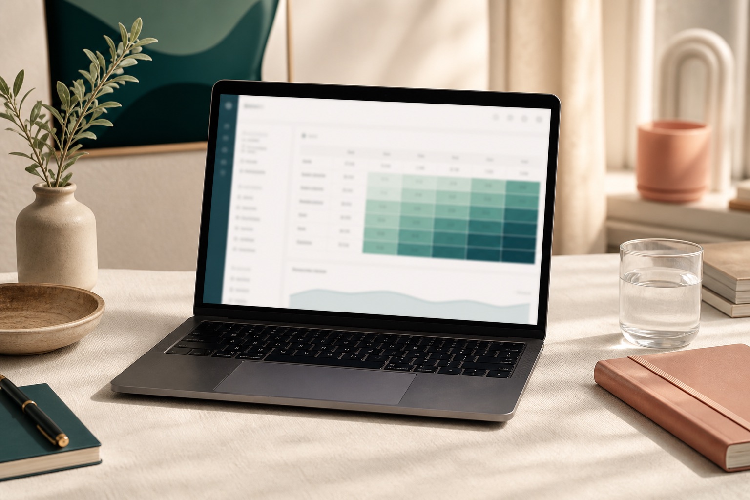 Laptop showing an abstract three-year forecast grid