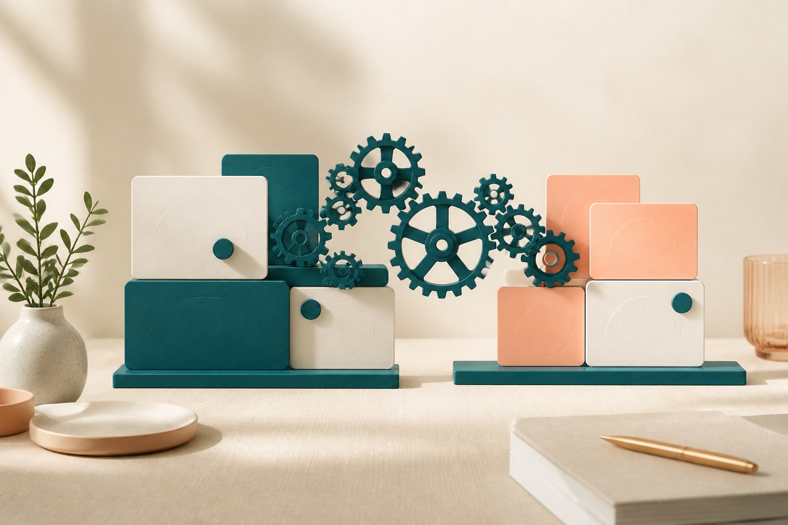 Teal gears assembling into balanced statement cards