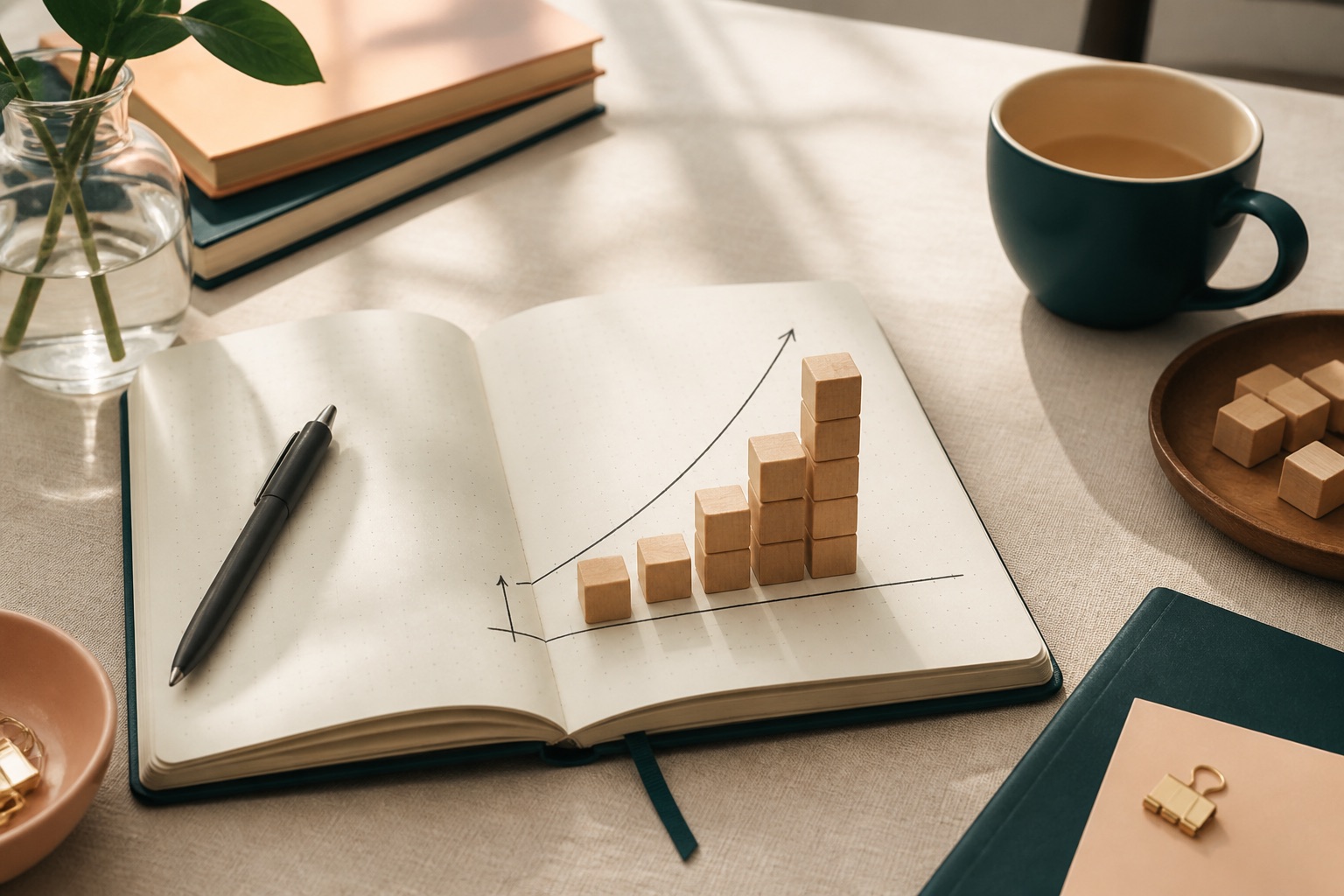 Notebook with a rising revenue curve and wooden blocks