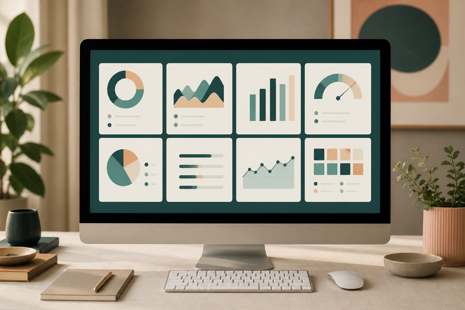 Monitor showing eight abstract KPI cards