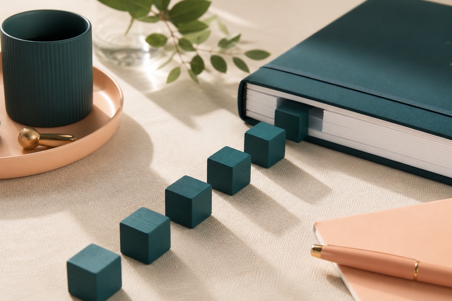 Teal blocks leading into a bound business plan book