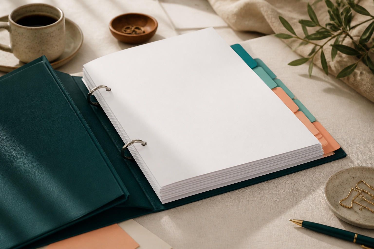 Business plan binder with teal and peach section tabs on linen