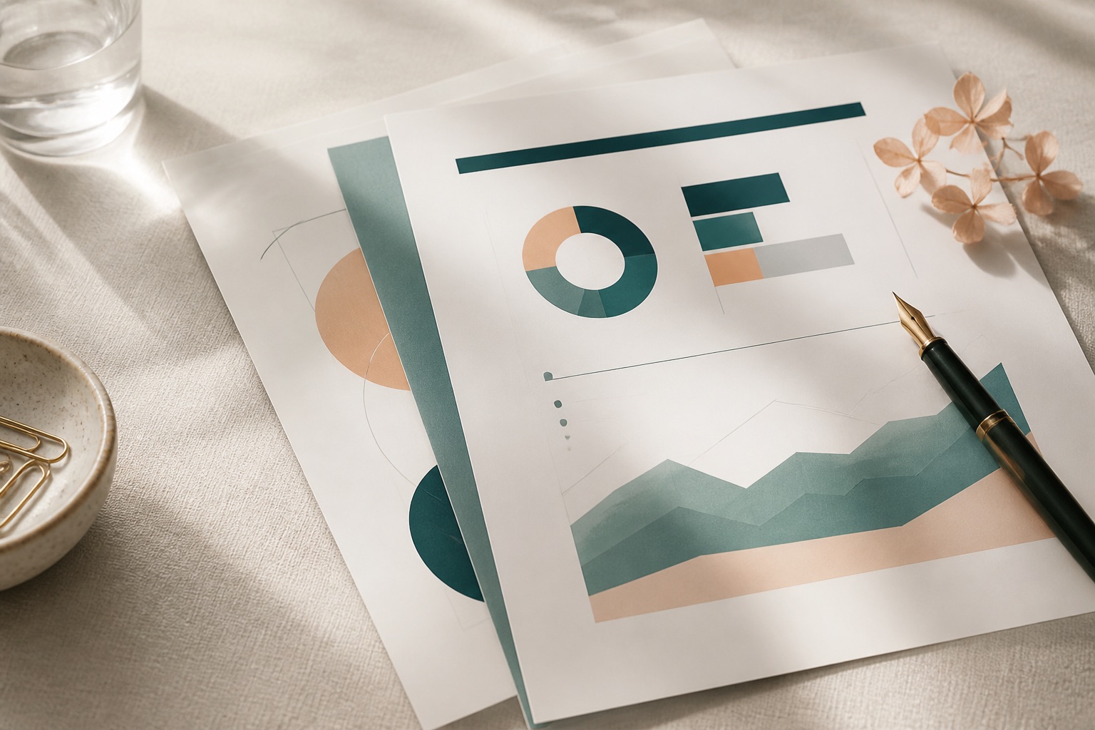 Printed plan chapters with charts beside a fountain pen