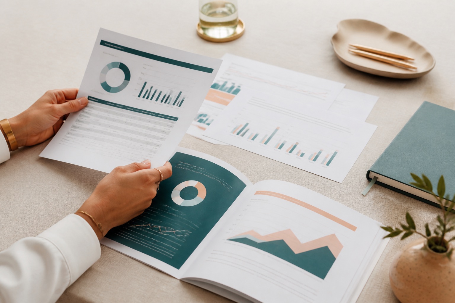 Hands reviewing spreadsheet printouts and a PDF report