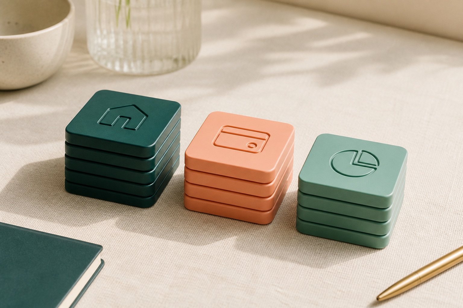 Asset, liability, and equity tiles in teal and peach
