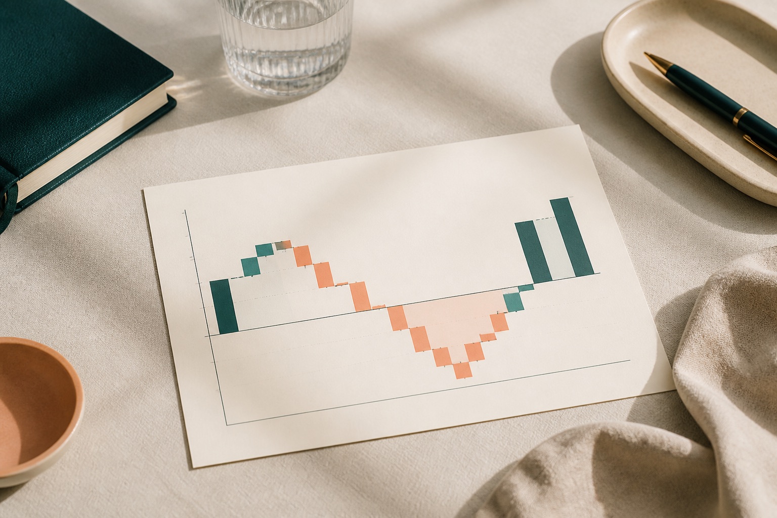Printed cash-flow waterfall chart on cream paper