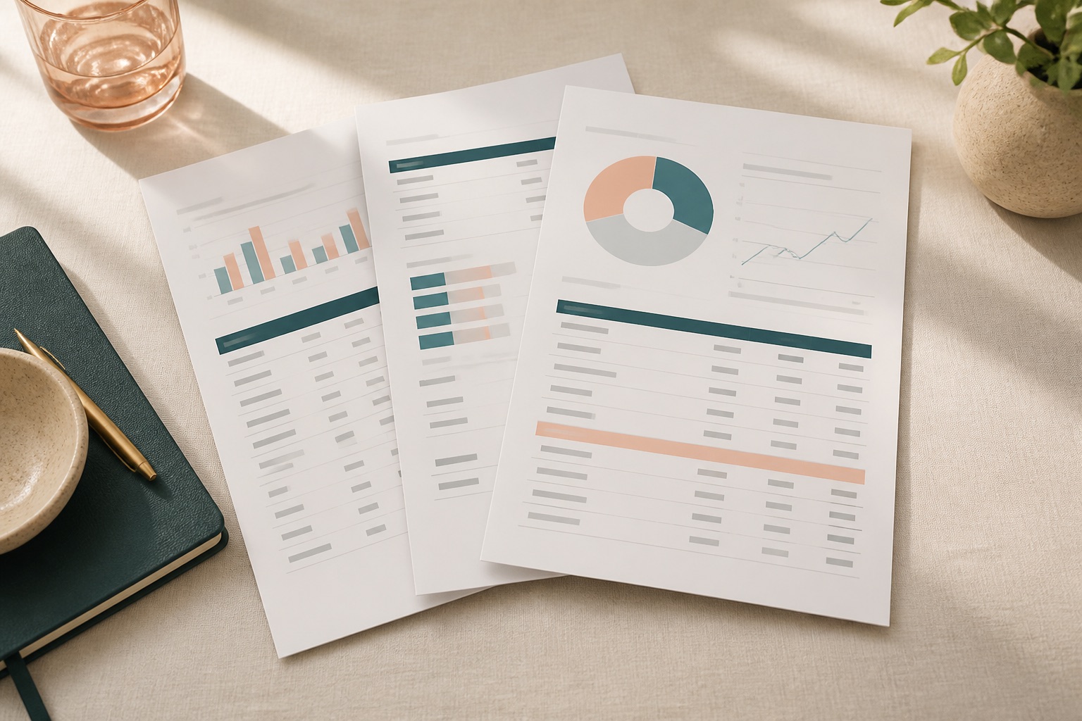 Three stacked printed financial statements on linen