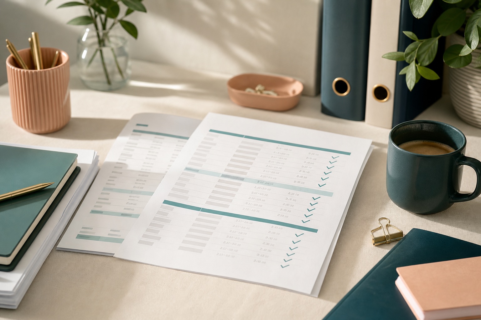 Reconciled statement pages with teal check marks