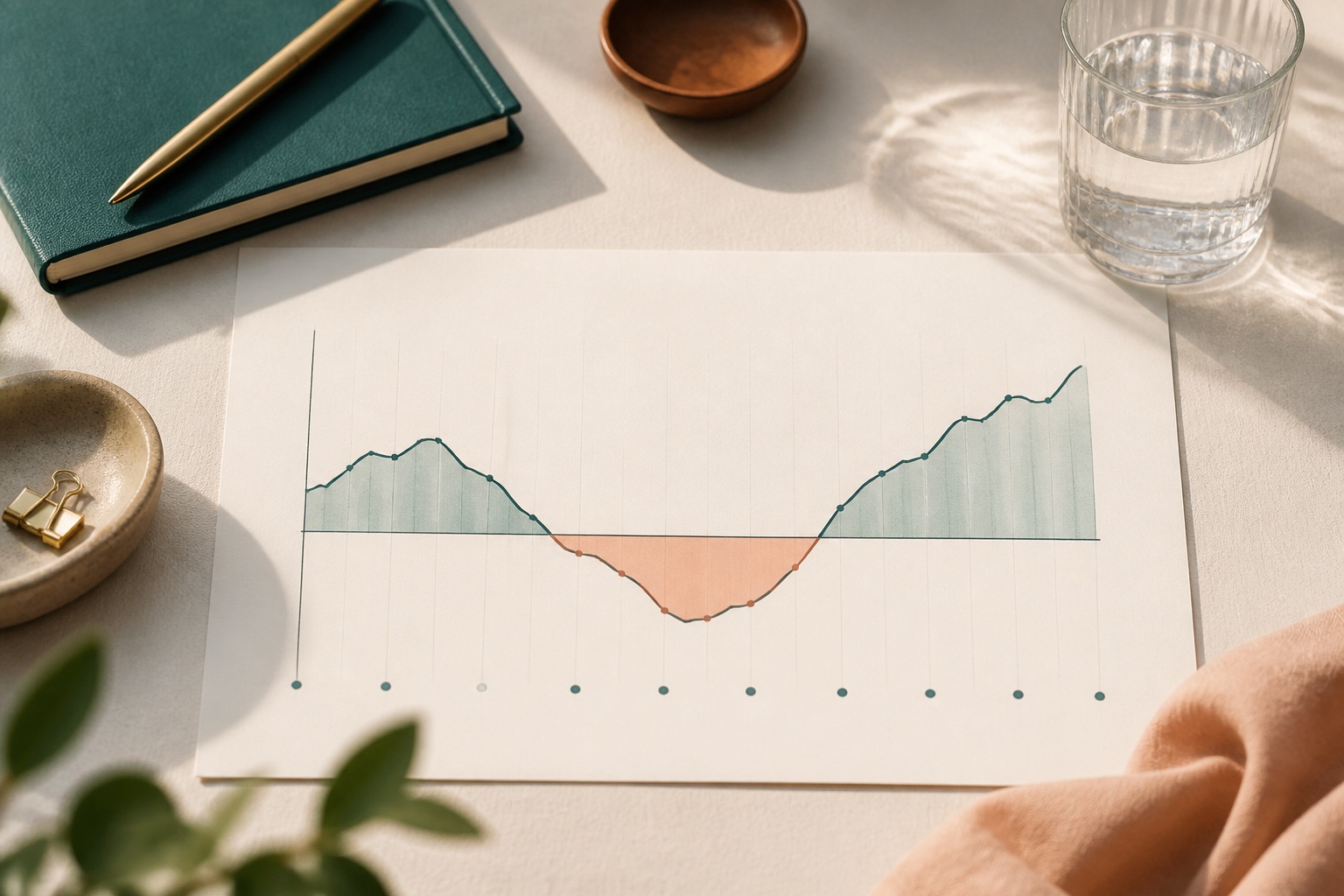 Twelve-month cash chart with a shaded shortfall valley