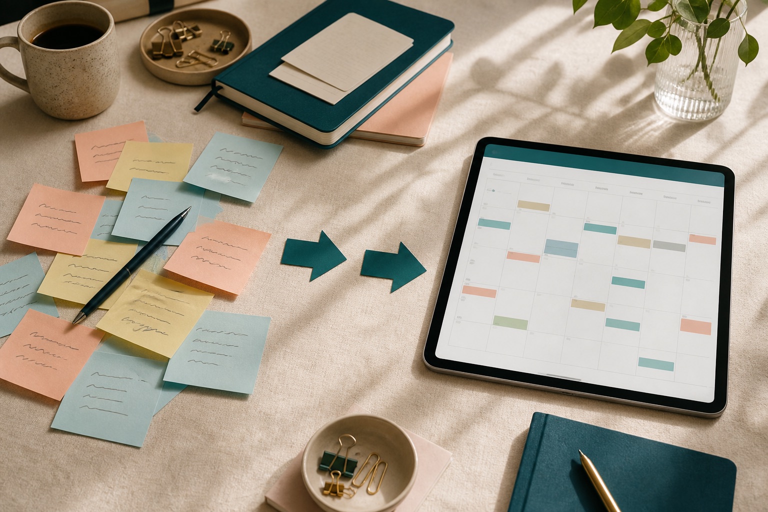 Sticky notes resolving into an ordered cash calendar