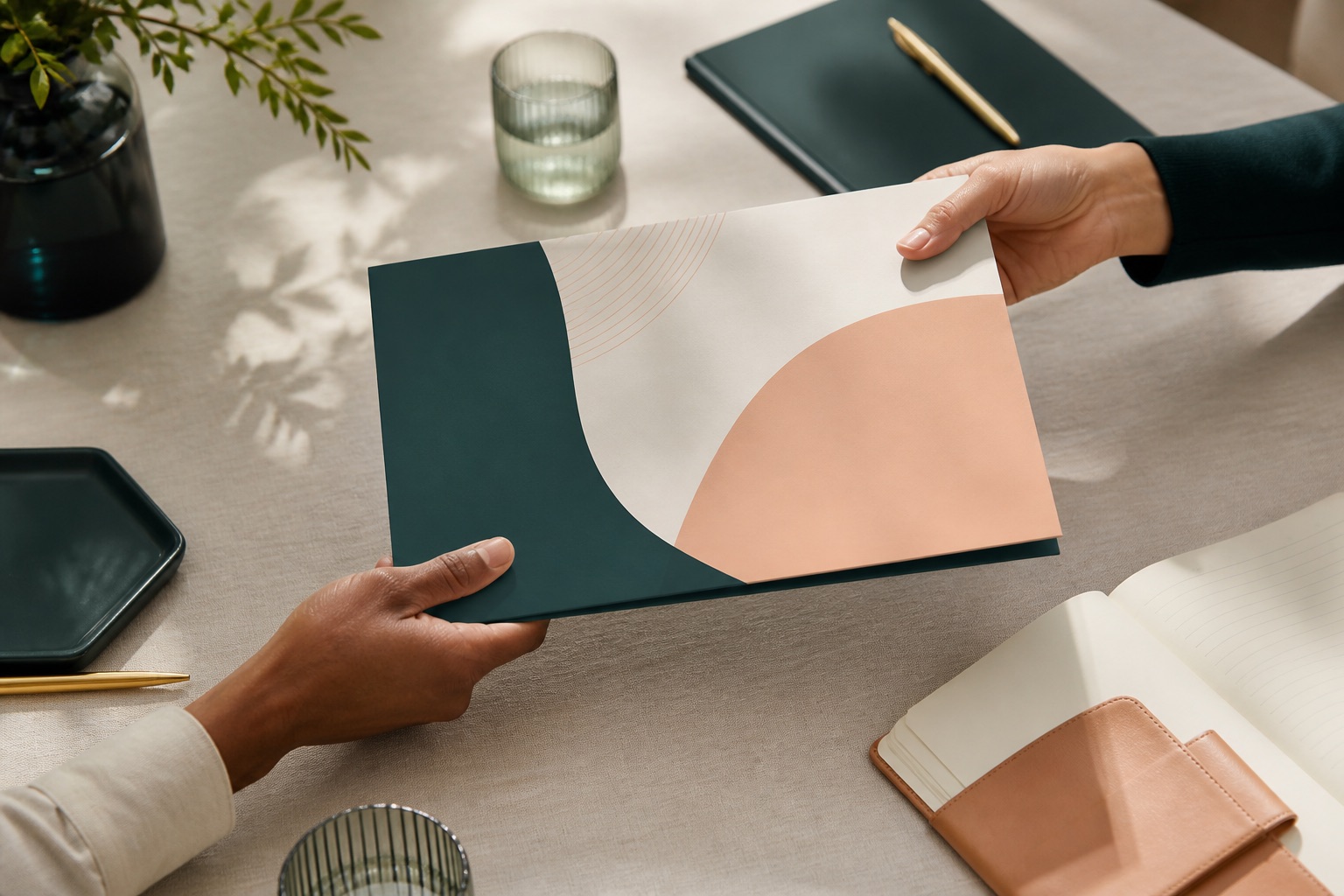 Branded client report handed across a meeting table