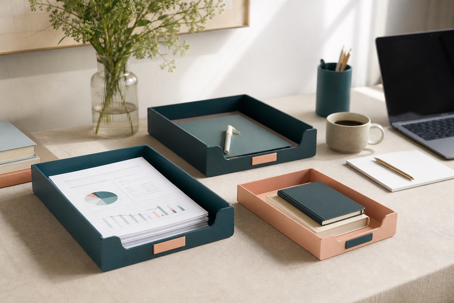 Labeled company workspace trays on a consultant desk