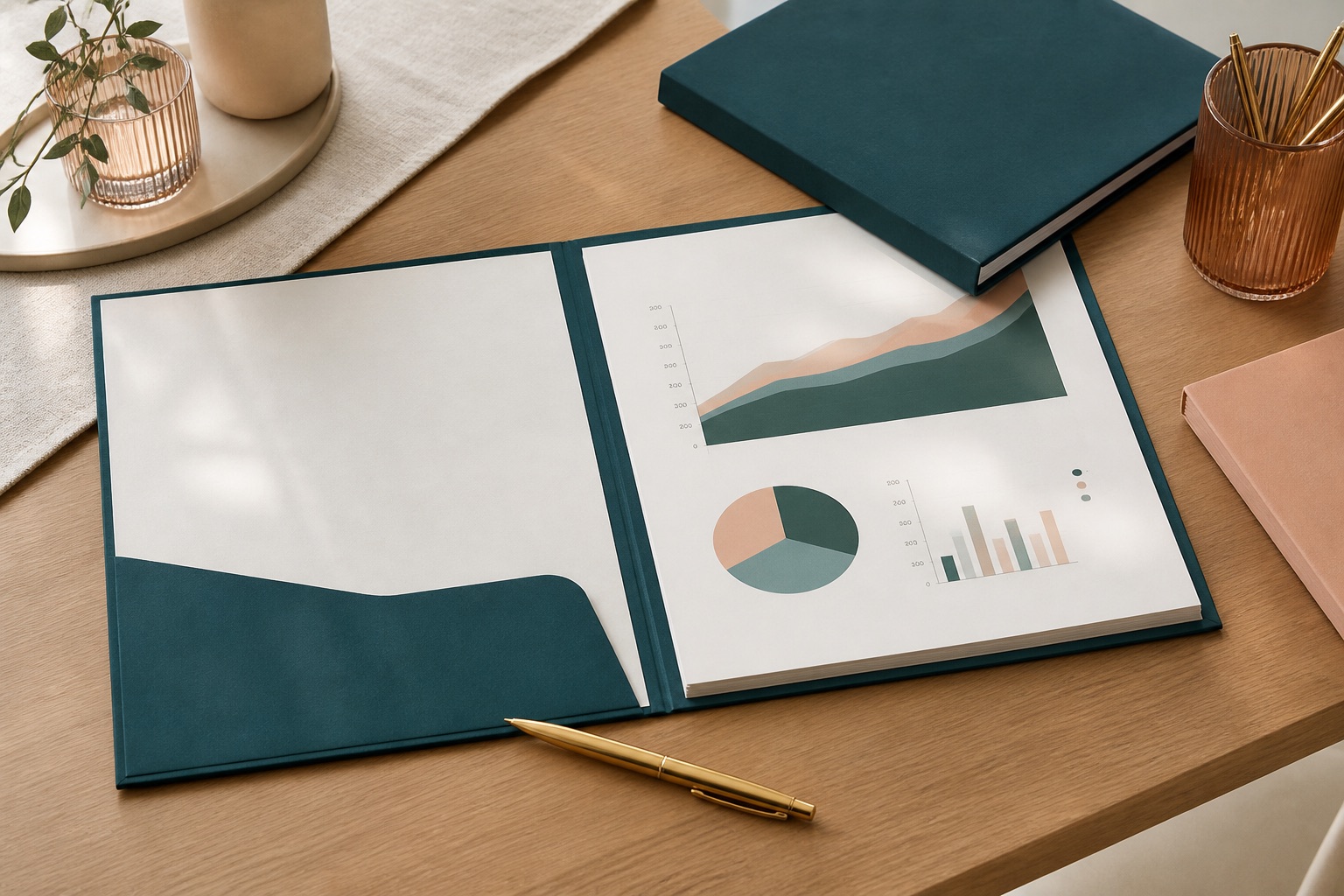 Bank meeting folder with forecast report and gold pen