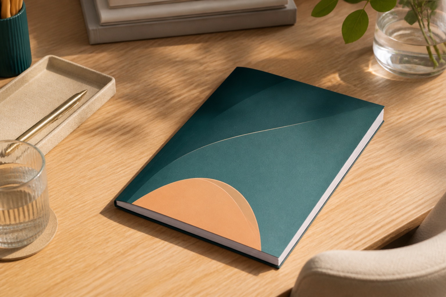 Seed-round pitch packet with teal cover on oak