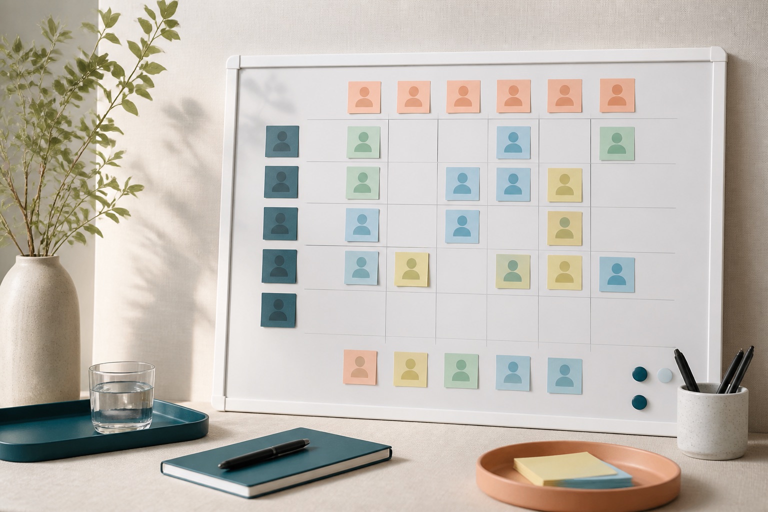 Whiteboard headcount plan with role sticky notes