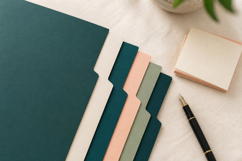 A business plan document with teal and peach section dividers fanned out
