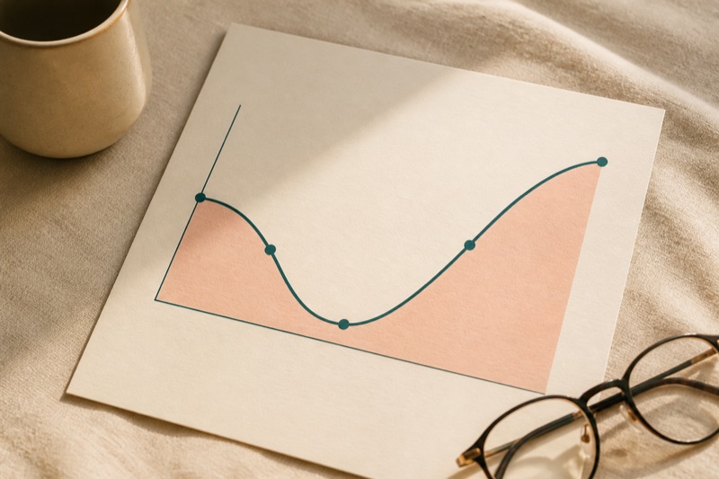 A printed cash-flow chart dipping into a valley then rising
