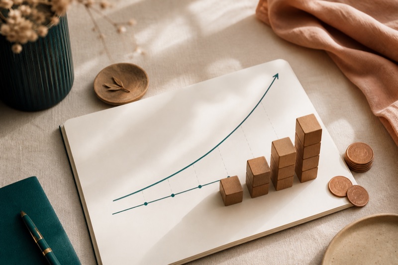 A notebook showing a rising revenue projection curve beside ascending wooden blocks