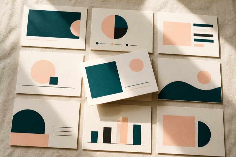 A grid of printed presentation slide cards with abstract teal and peach shapes