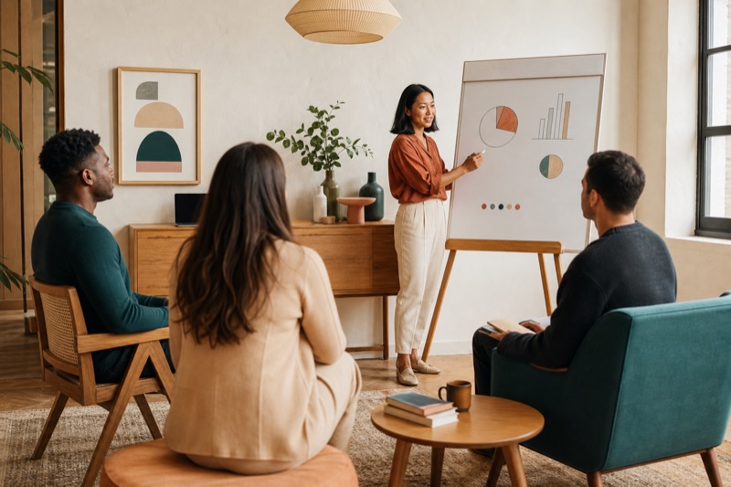 A small cohort of founders in a bright workspace during a mentoring session