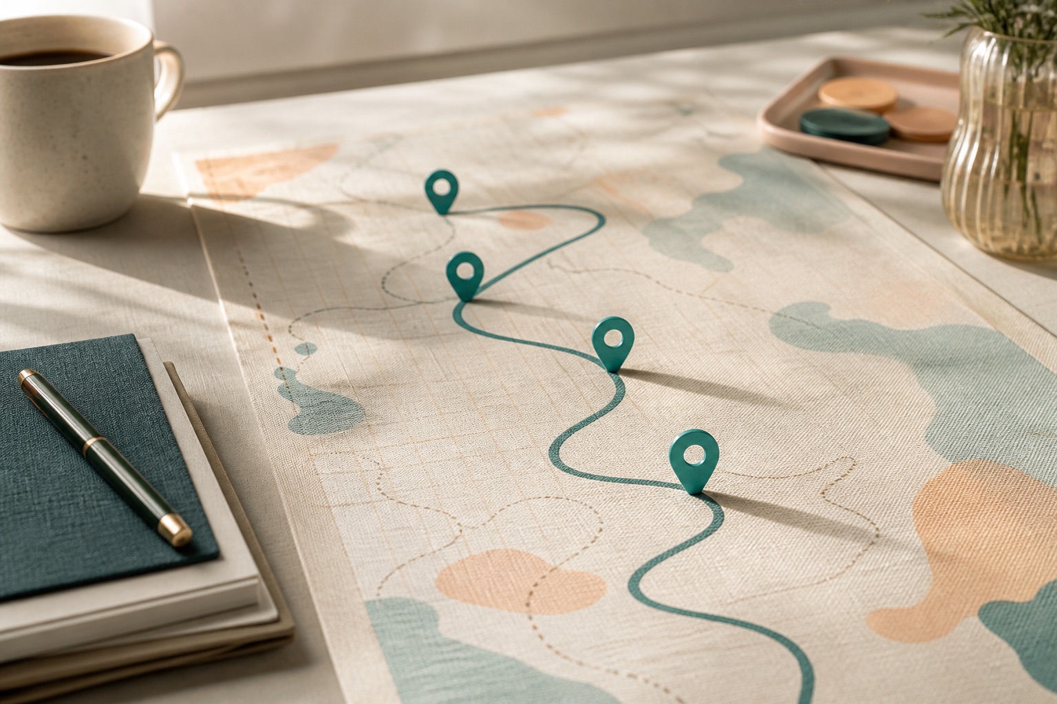 Roadmap path of teal milestone pins on linen