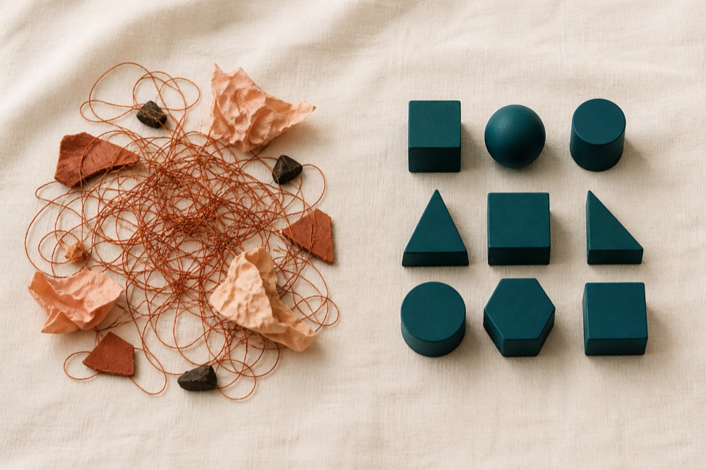Tangled threads beside an orderly grid of teal geometric blocks
