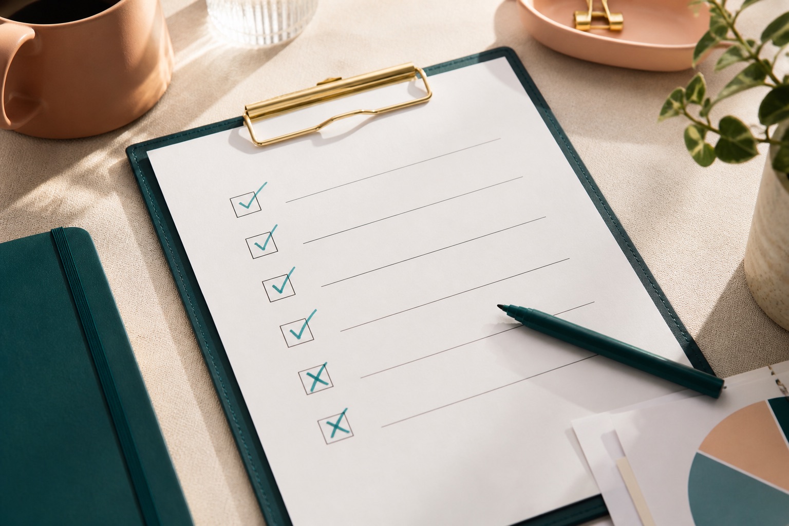 Checklist clipboard catching forecast mistakes in teal ink