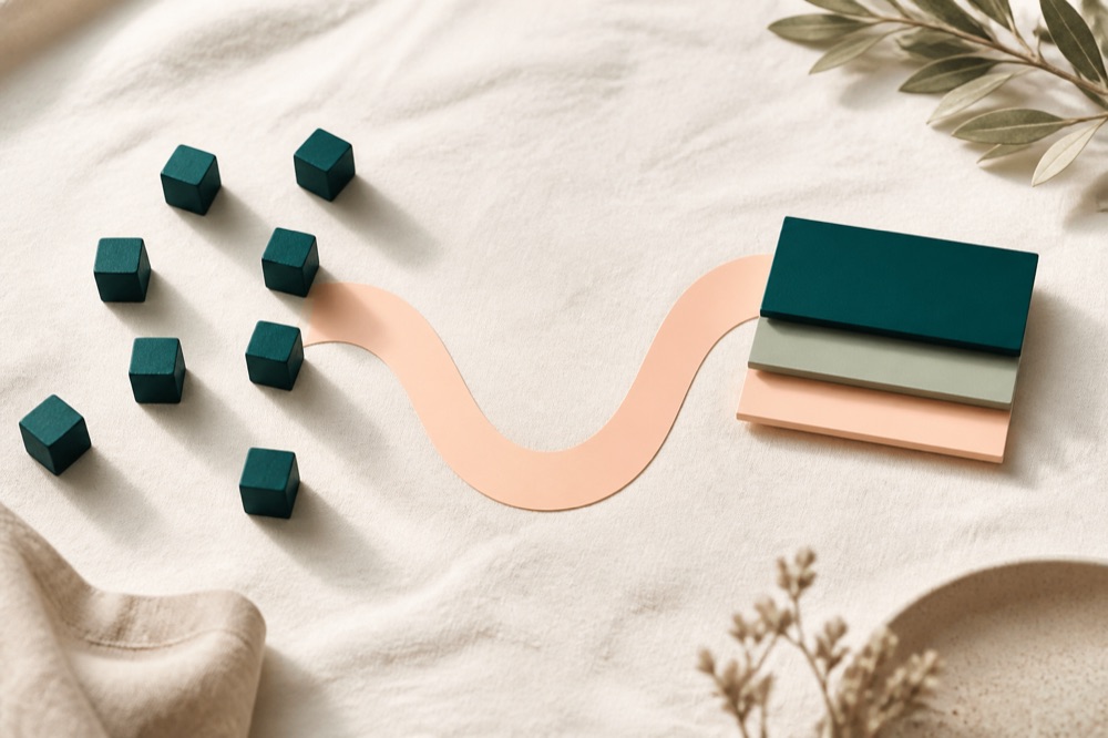 Teal blocks flowing along a path into three neatly stacked cards