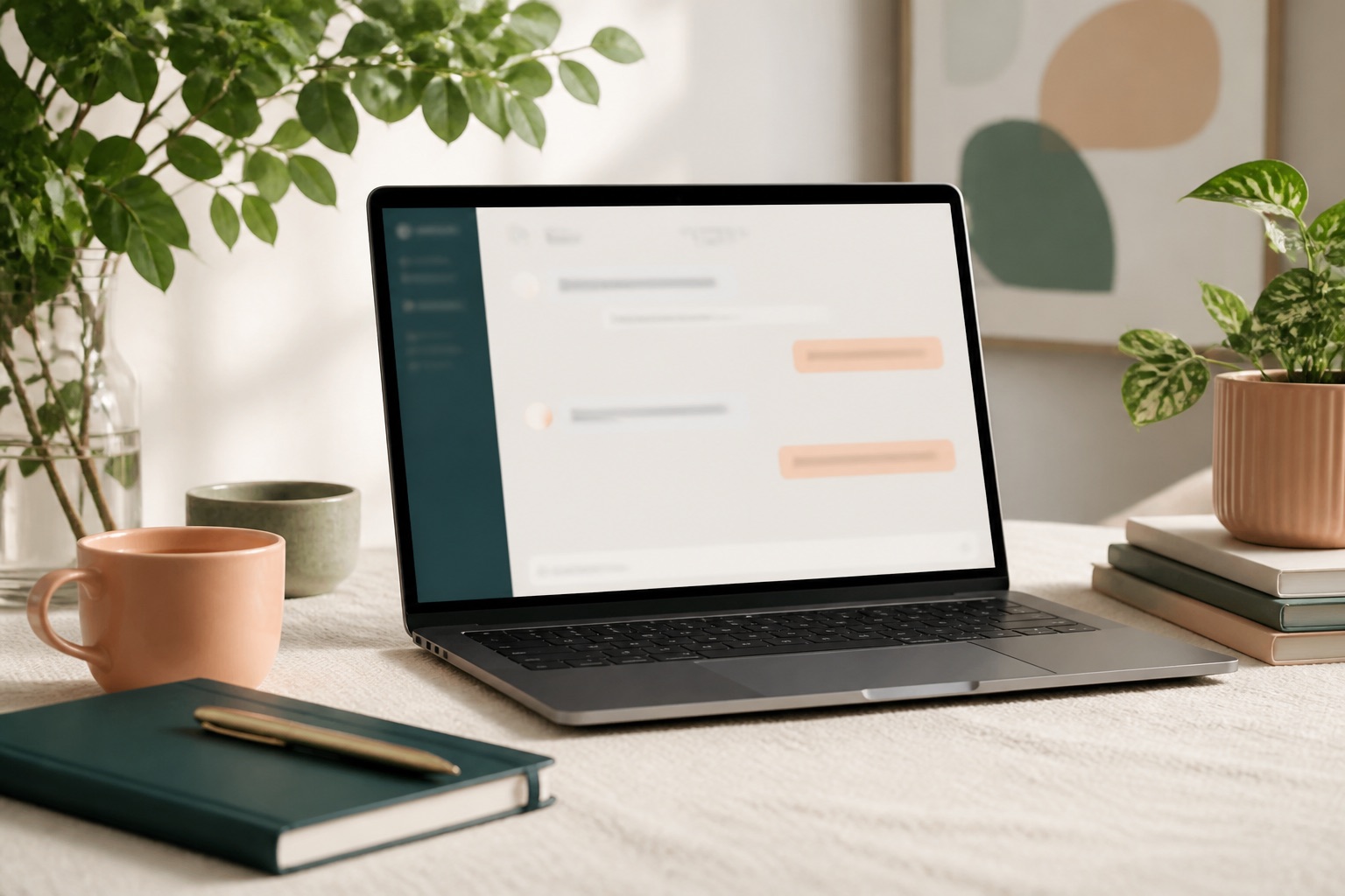 Plant-filled desk with laptop open to support chat