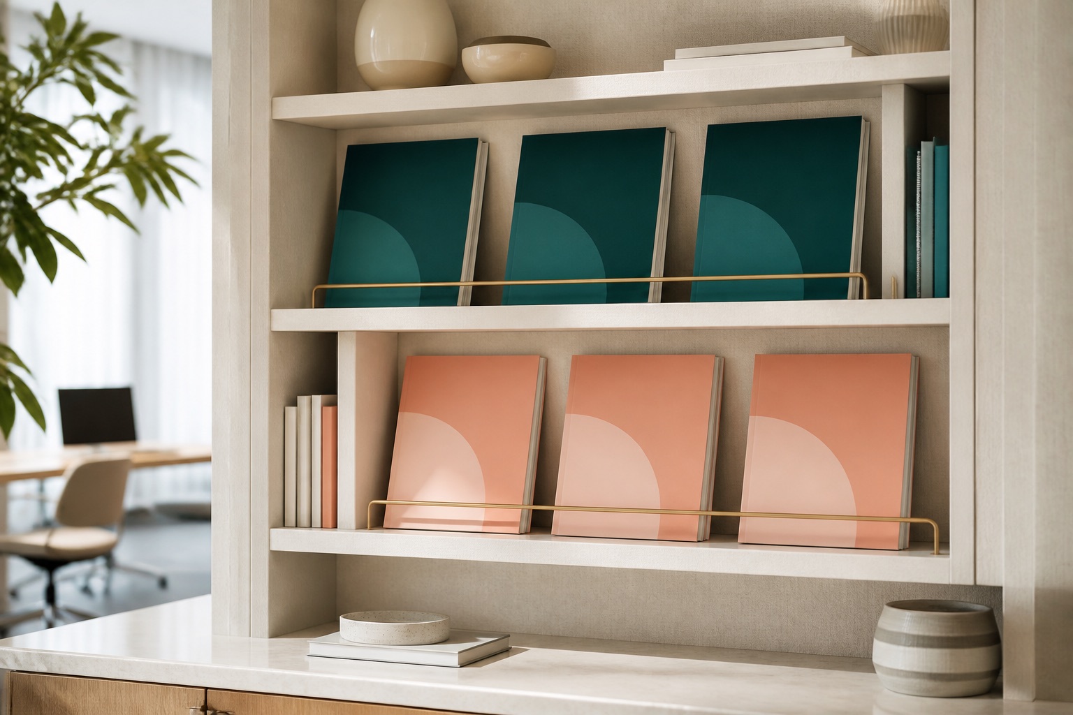 Bookshelf of teal and peach guide booklets