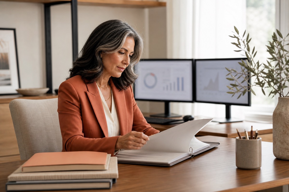 Fractional CFO reviewing client materials at a warm wood desk