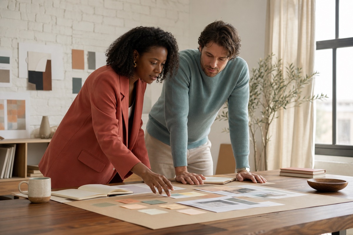 Creative consultants collaborating over a mood board in an agency loft
