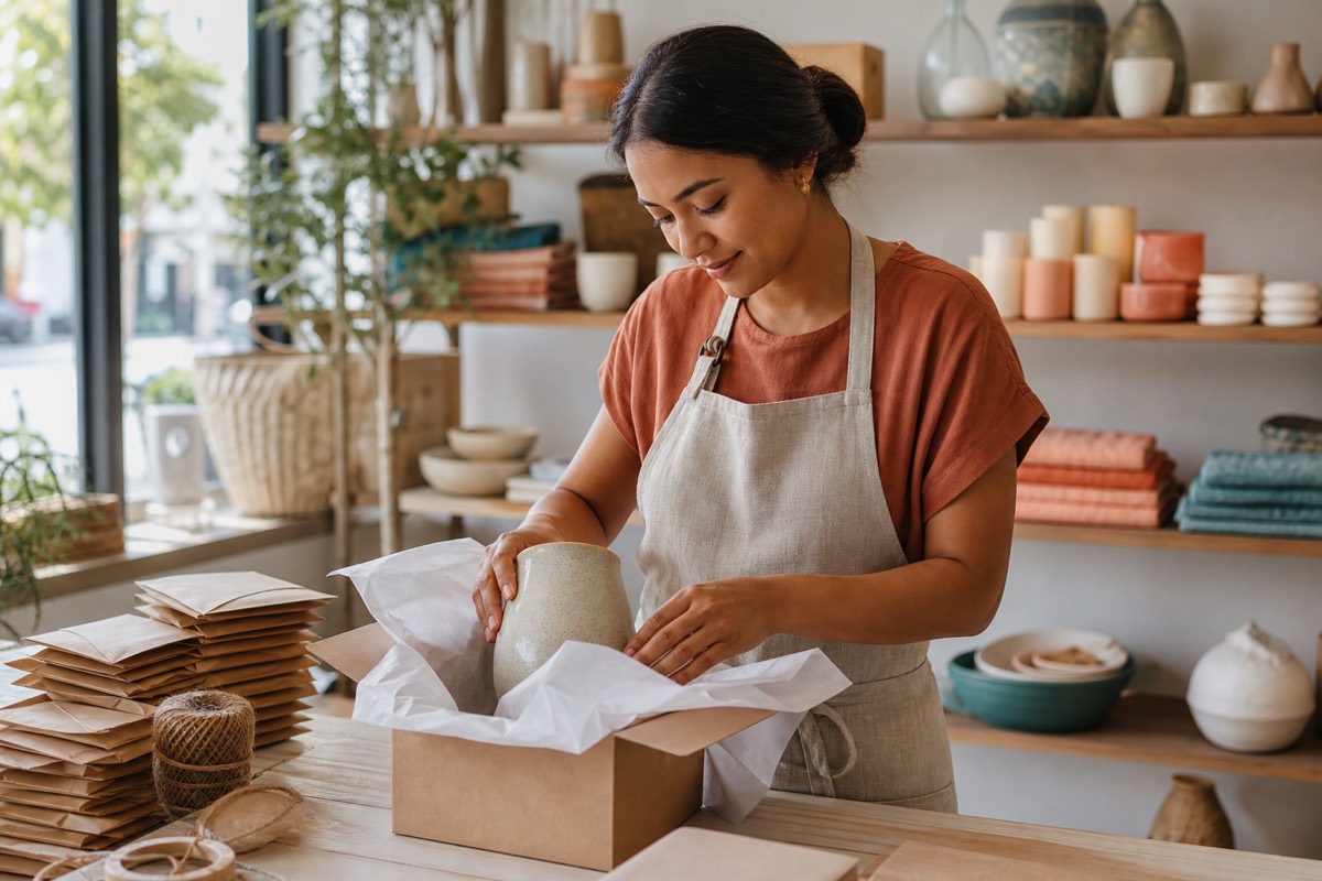 Boutique associate packing a ceramic piece for an online order