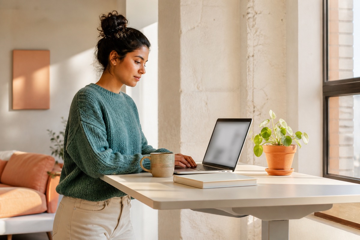 Product founder working calmly at a sunlit standing desk
