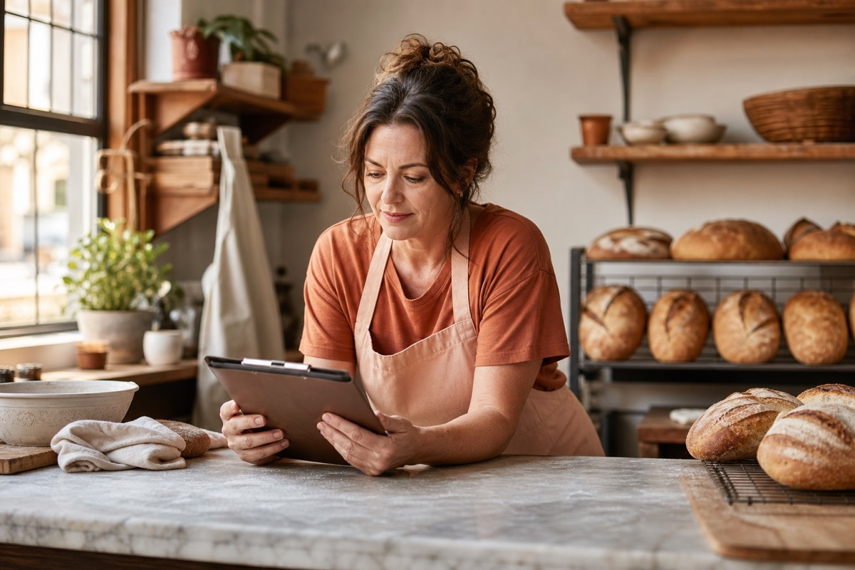 Bakery owner reviewing next year’s plan at a flour-dusted counter